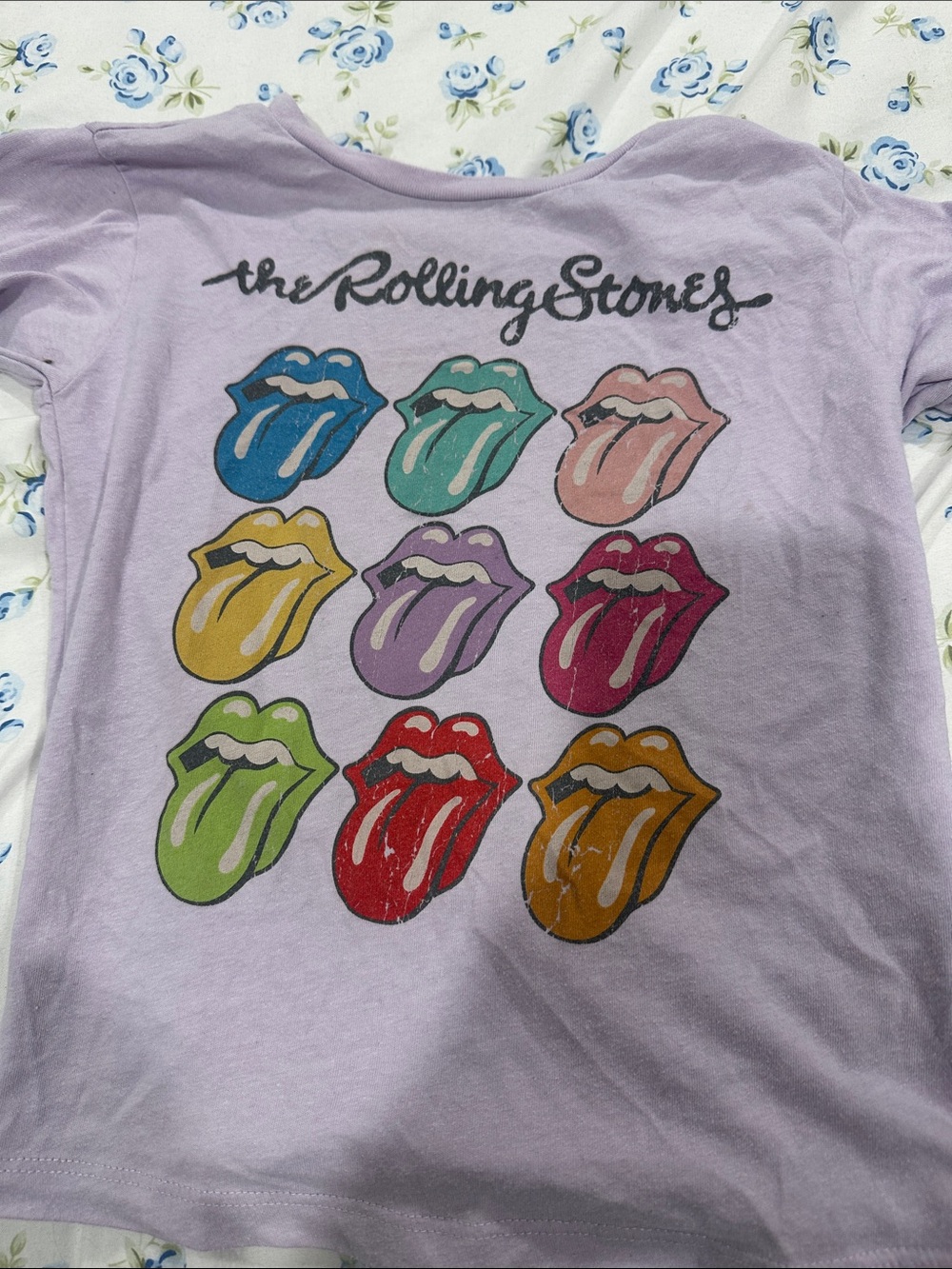 the Rolling Stones Kids Lavender Tee with Multi-Color Tongue Graphics